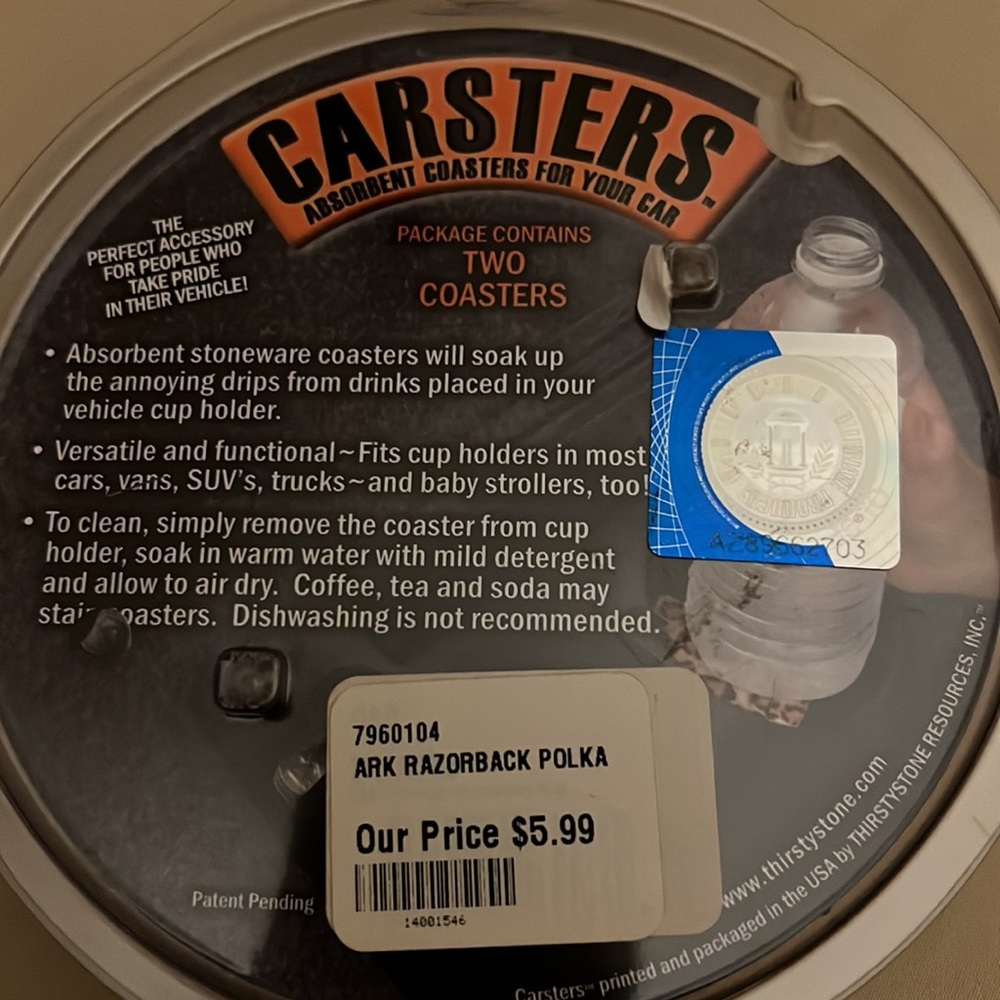 Stoneware Car Cupholder Razorback Coasters - Picture 2 of 3